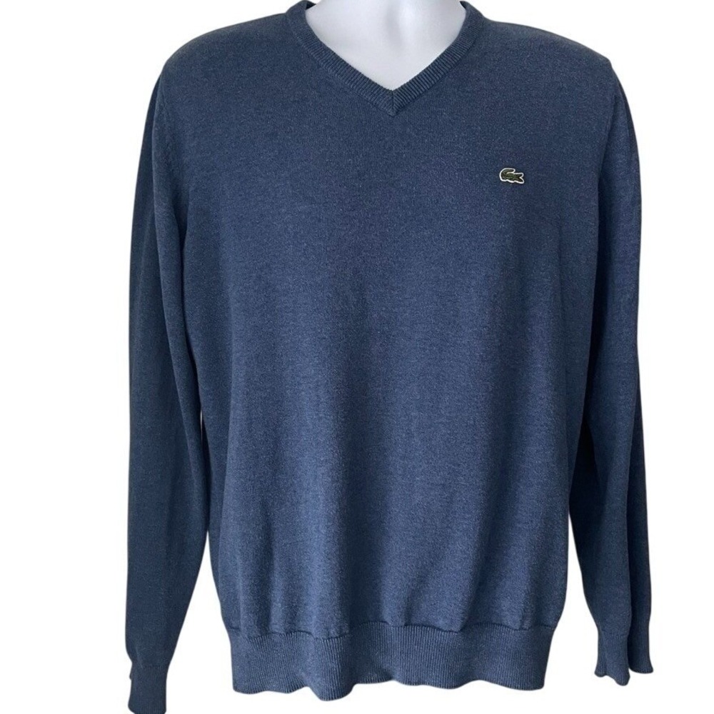 Lacoste Mens V Neck Sweater Blue Cotton Pullover Crocodile Logo Size 4‎ M